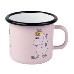 The Piripiiga - Moomin enamel mug 2.5dl is a light pink mug with black rim and handle, featuring a charming cartoon character—perfect as an Estonian design gift or Tallinn souvenir. Gate21.ee