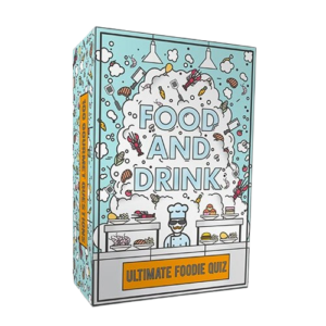 A rectangular box labelled Food & Drink - Trivia Card Game features curated illustrations of food, a chef, and kitchen counters. The side reads ULTIMATE FOODIE QUIZ over a light blue background with unique food-themed drawings. Gate21.ee