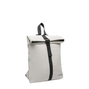 The Los Angeles Backpack - Grey features a light grey roll-top design with a black strap and buckle, top handle, sleek Estonian style, and a small logo at the lower right. Presented against a plain white background. Gate21.ee