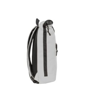 The New York Rolltop Rucksack - Grey stands upright in a side view, with visible main and front zip pockets. Its sleek design makes it ideal for gift shop displays or anyone seeking unique ideas. Shown on a plain white background. Gate21.ee