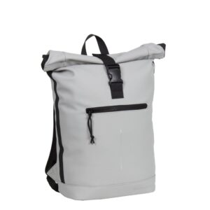 The New York Rolltop Rucksack - Grey showcases Estonian design with a light grey finish, black buckle fastening, front zip pocket, small black top handle, black side accents, and mesh material at the sides. A unique curated gift shop find. Gate21.ee