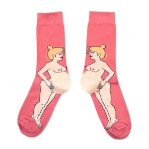 The Pregnant - Cotton Socks are pink socks with a cartoon nude blonde woman, her arms and legs wrapping around the sides&mdash;a playful showcase of Estonian design and originality. Gate21.ee