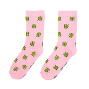 Beetles - Cotton Socks: Pink socks with a repeating pattern of green beetles and black legs. Displayed flat on a white background, they’re perfect for concept shops or gift shops seeking unique products. Gate21.ee