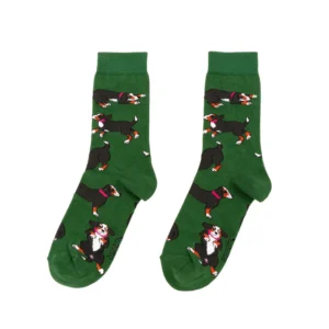Bernese - Cotton Socks: Green socks with a playful pattern of black, brown, and white dogs in red collars. A charming Tallinn find or a great gift for lovers of Estonian design!. Gate21.ee