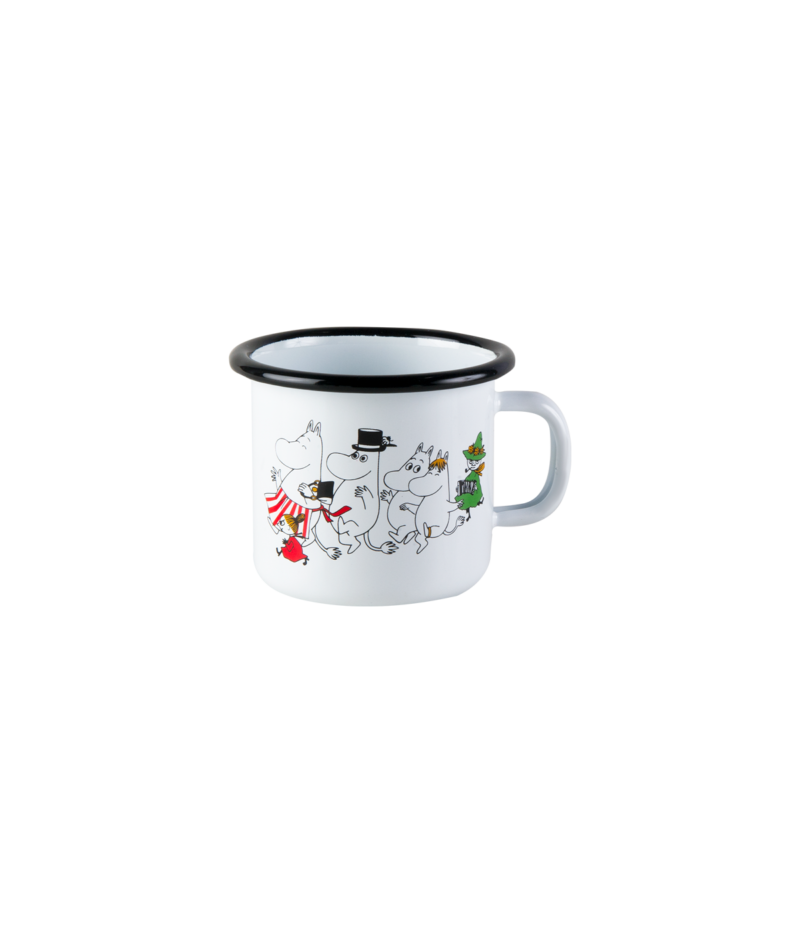 The Moomin Valley - Moomin enamel mug 2.5dl features cartoon characters from the Moomin series walking in a line on white enamel with a black rim—an ideal collectable or Tallinn souvenir. Gate21.ee