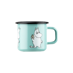 The Moomin - Mint enamel mug 3.7dl features a light blue design with a black rim and a cartoon white Moomin character holding an object—an ideal Tallinn gift or shopping find. Another Moomin character peeks from the left side. Gate21.ee