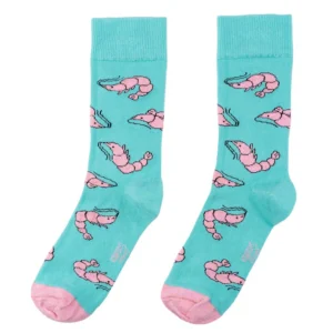 Prawn - Cotton Socks: Teal socks featuring pink prawn patterns and pink toes, shown side by side on a white background—a quirky choice for those seeking unique finds from a concept shop or shopping in Tallinn. Gate21.ee