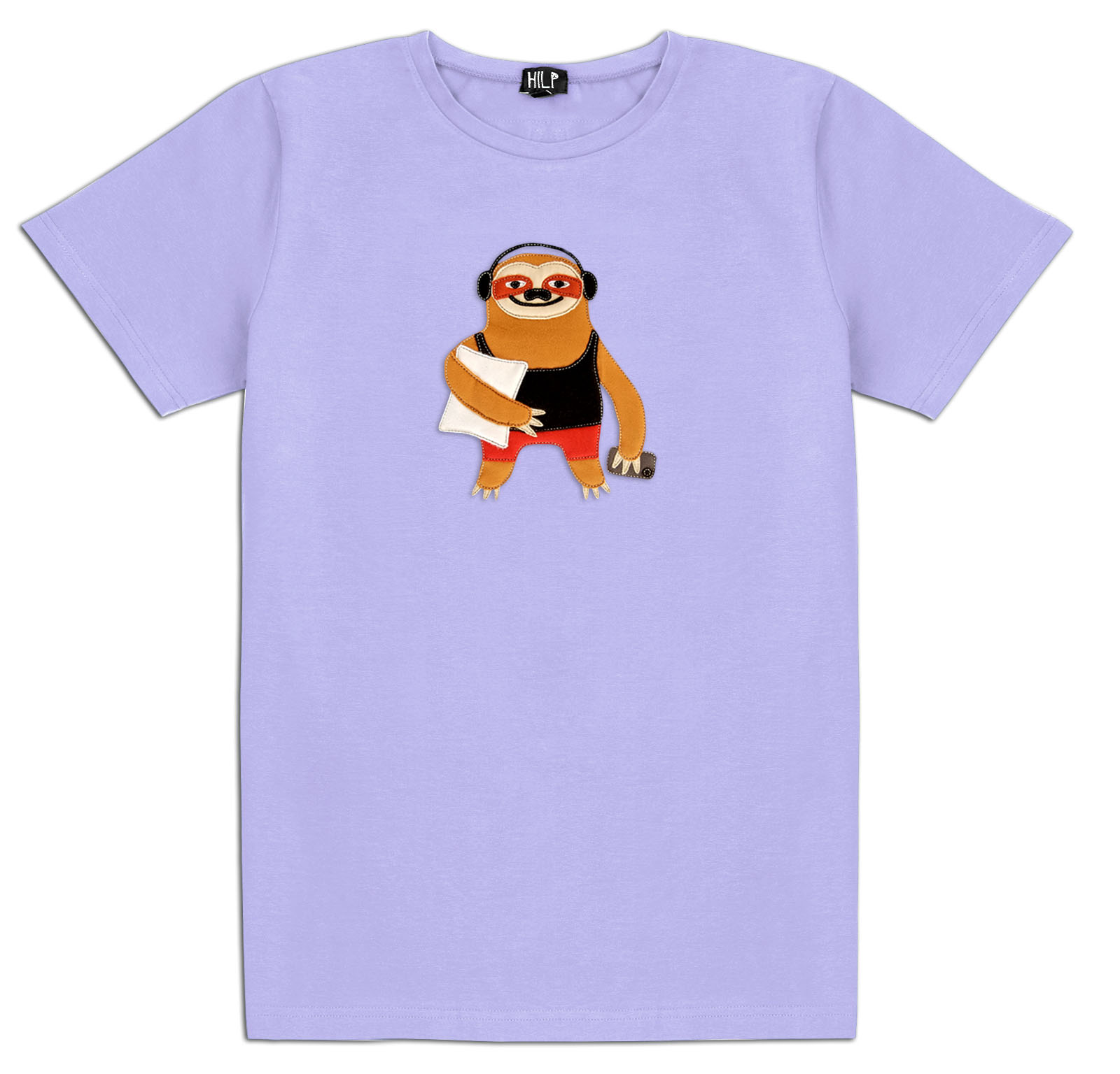 The Sloth T-Shirt - Purple features a smiling sloth in a black vest, red shorts, and headphones with a towel and dumbbell—ideal for concept store collections or as a unique gift shop idea. Gate21.ee