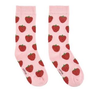 A pair of Cotton Socks from Coucou Suzette in pink, featuring a repeating red strawberry with green leaves pattern, ribbed cuffs, and the brand name printed near the toes. Gate21.ee