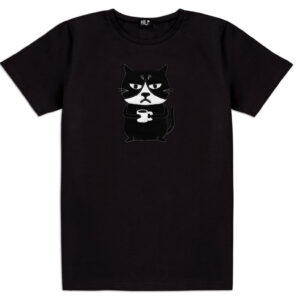 The Grumpy Cat T-shirt Black features a grumpy black and white cat with a cup—an Estonian design ideal for Tallinn shopping or elevating your curated wardrobe. Gate21.ee