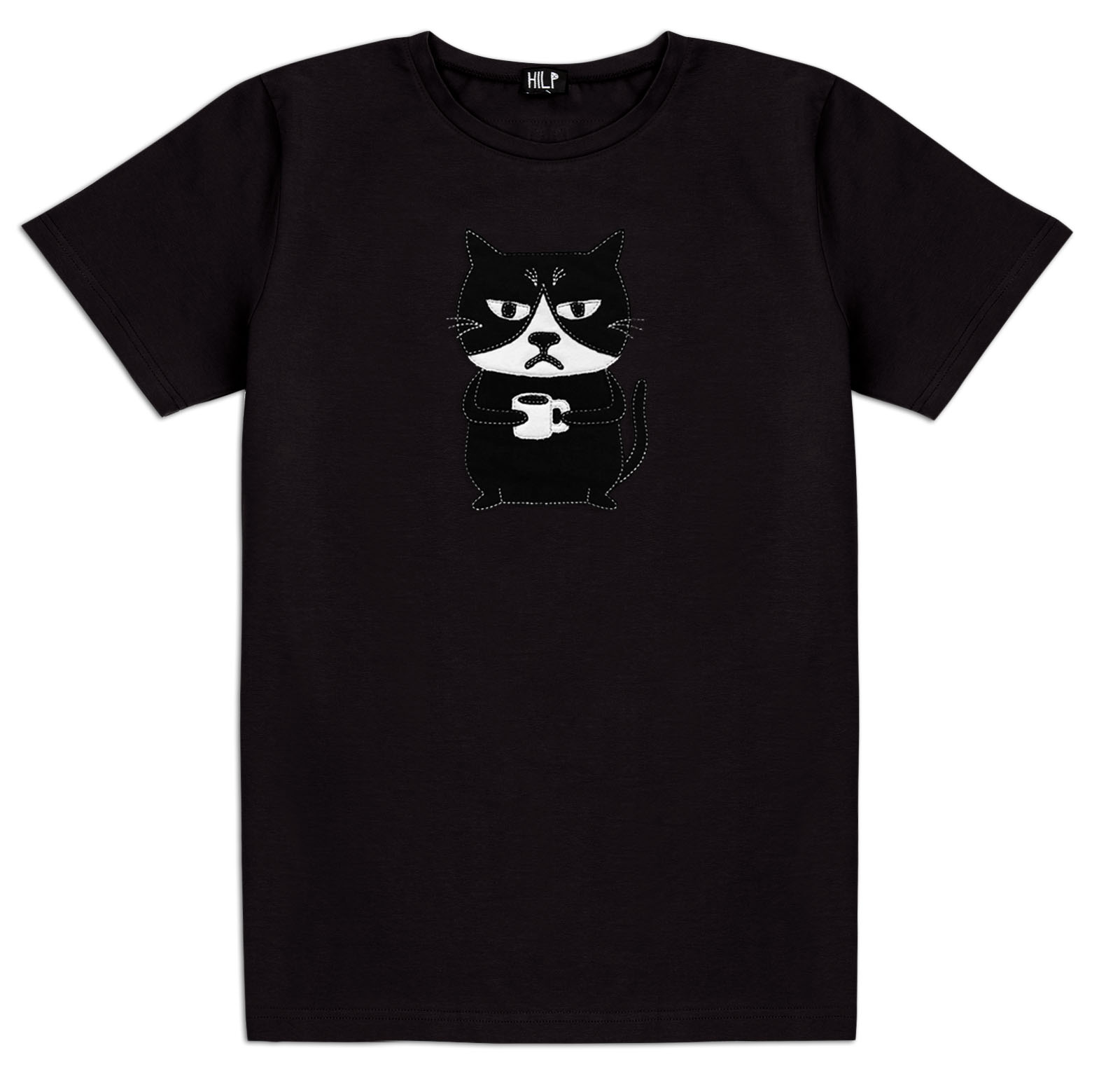 The Grumpy Cat T-shirt Black features a grumpy black and white cat with a cup—an Estonian design ideal for Tallinn shopping or elevating your curated wardrobe. Gate21.ee