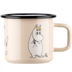 The Snork Maiden - Moomin beige enamel mug (3.7dl) features a white, fair-haired cartoon character with a tail in a shy pose, black rim and handle—ideal for your next Tallinn shopping trip or as a charming souvenir from a local gift shop. Gate21.ee
