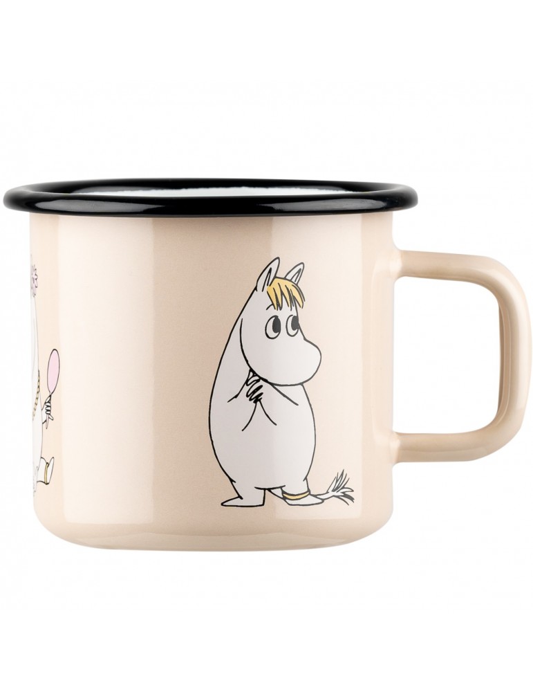 The Snork Maiden - Moomin beige enamel mug (3.7dl) features a white, fair-haired cartoon character with a tail in a shy pose, black rim and handle—ideal for your next Tallinn shopping trip or as a charming souvenir from a local gift shop. Gate21.ee