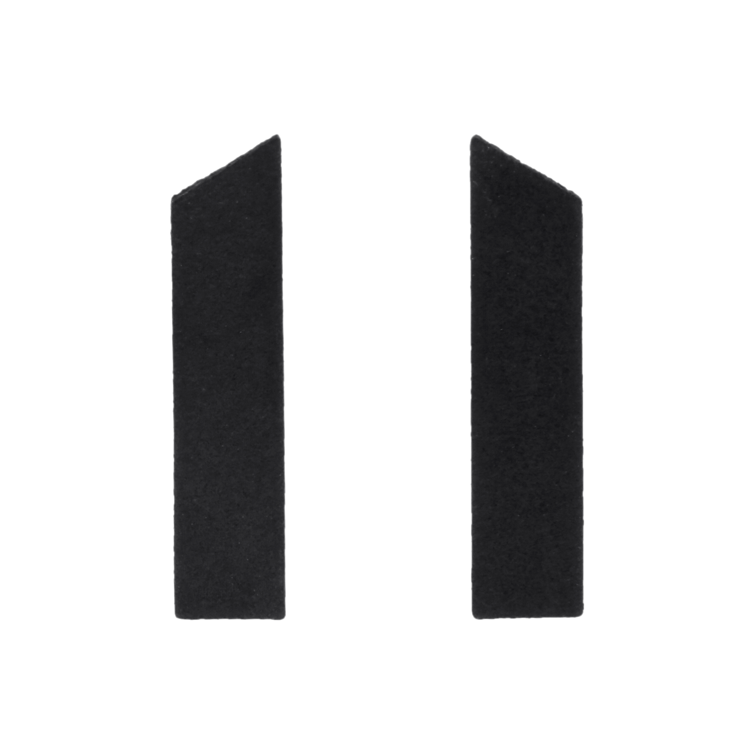 Two black, vertical, rectangular shapes stand parallel on a white background. Each rectangle has a diagonal cut at the top, slanting in opposite directions—a minimalist example of Estonian design perfect for gift shop displays or unique ideas. Gate21.ee