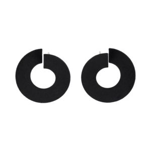 A pair of black, circular earrings with a small opening on one side of each circle, curated for a unique look and displayed on a plain white background—perfect for your next Tallinn shopping find or visit to a concept shop. Gate21.ee