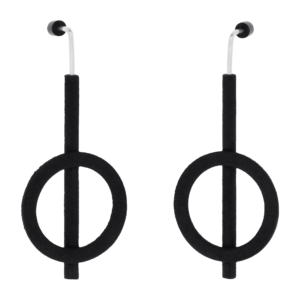 A pair of modern black earrings featuring Estonian design—a vertical bar intersecting a circular shape with a curved metal hook—displayed against a plain white background. A stylish choice for Tallinn shopping or as a unique gift shop find. Gate21.ee