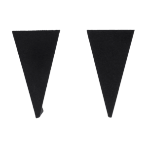 Two solid black, downward-pointing triangles are shown against a plain white background, spaced apart evenly—evoking the minimalist aesthetic often found in Tallinn shopping concept store designs. Gate21.ee