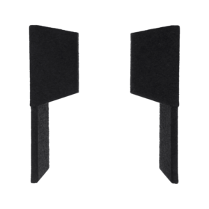 Two black, L-shaped foam corner protectors are positioned upright and facing each other against a plain white background, evoking the curated elegance often found in a concept shop during a Tallinn shopping experience. Gate21.ee
