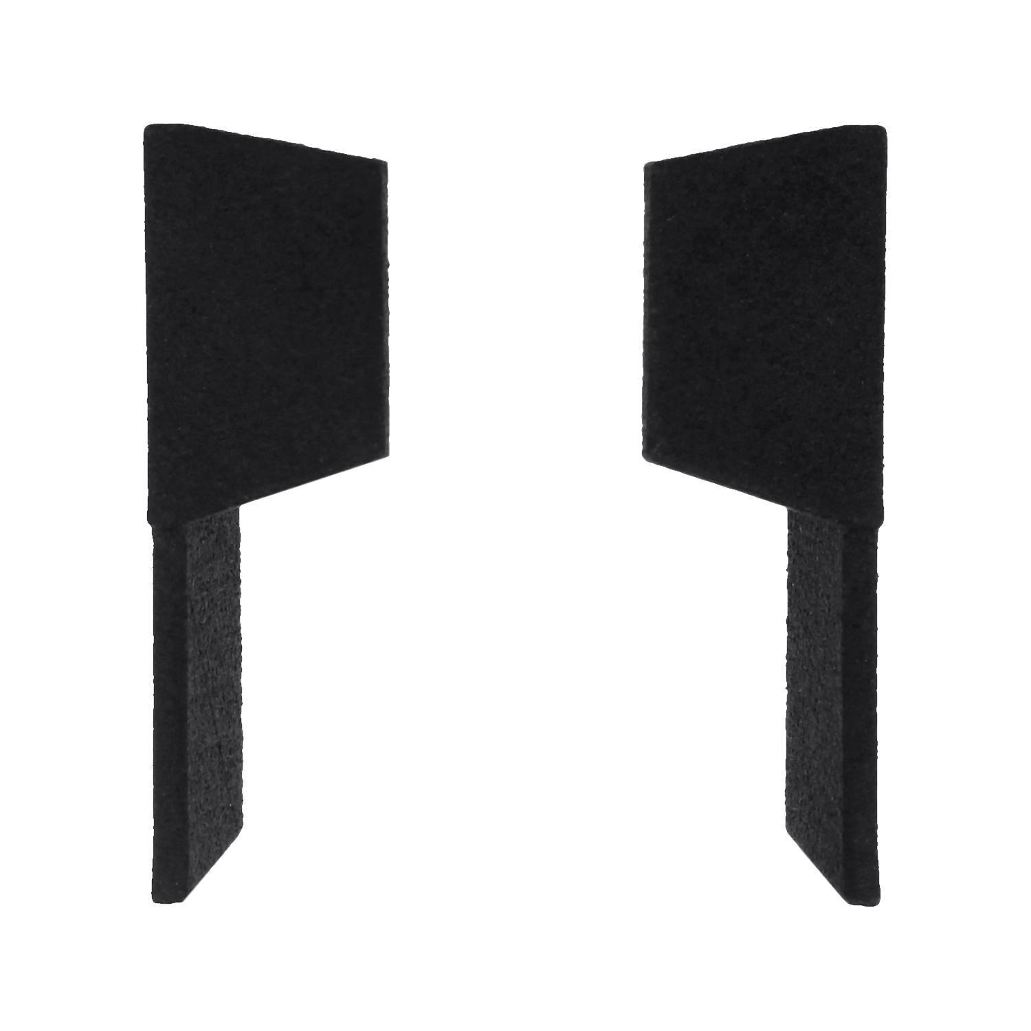 Two black, L-shaped foam corner protectors are positioned upright and facing each other against a plain white background, evoking the curated elegance often found in a concept shop during a Tallinn shopping experience. Gate21.ee