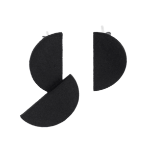 A pair of black, semicircular earrings arranged with one overlapping the other on a plain white background. Each earring is divided in half vertically—a curated accessory perfect for any concept store or stylish gift shop. Gate21.ee