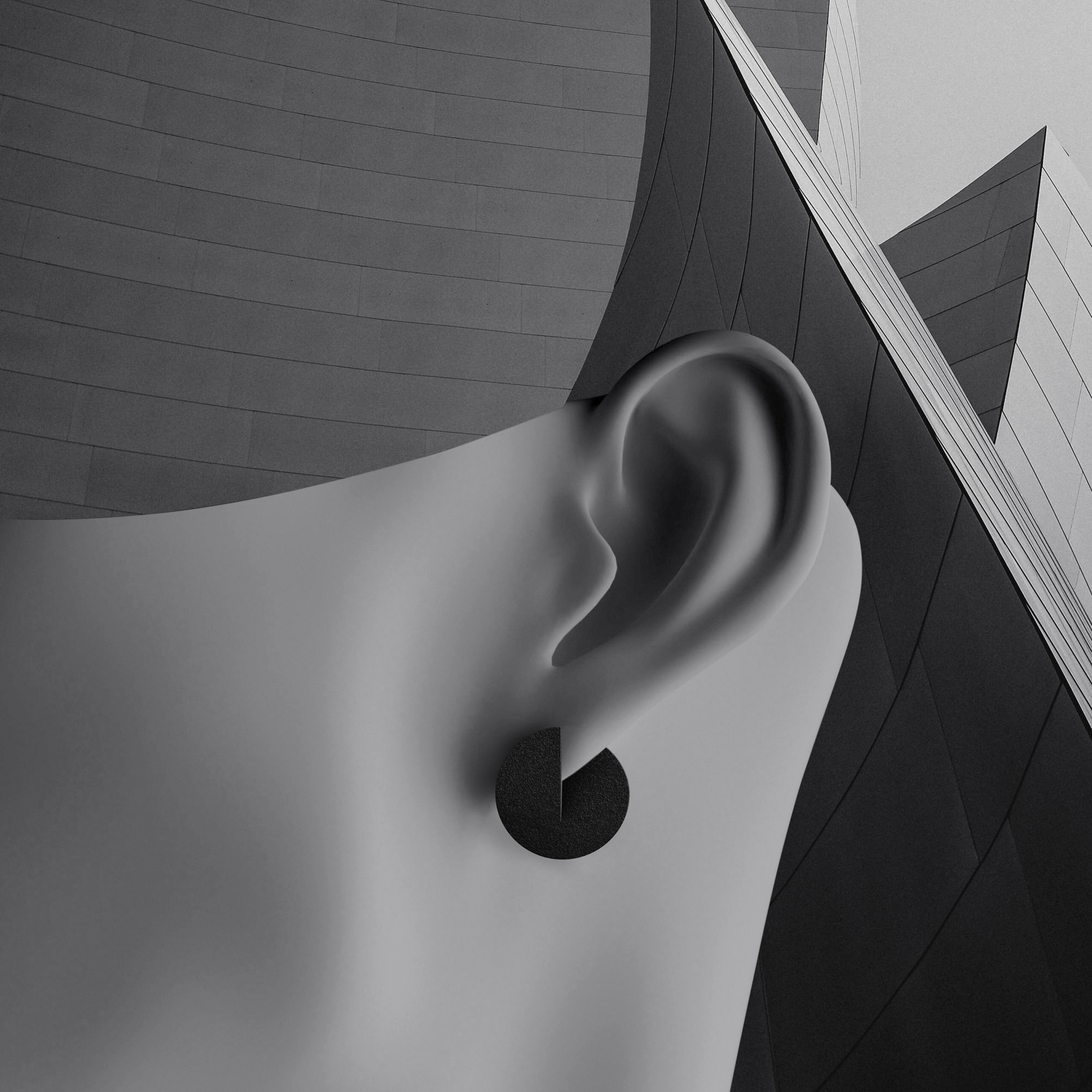 Close-up of a minimalist, greyscale sculpture of a human ear wearing a geometric black earring, set against modern, angular architecture—a curated scene that sparks unique ideas in contemporary design. Gate21.ee