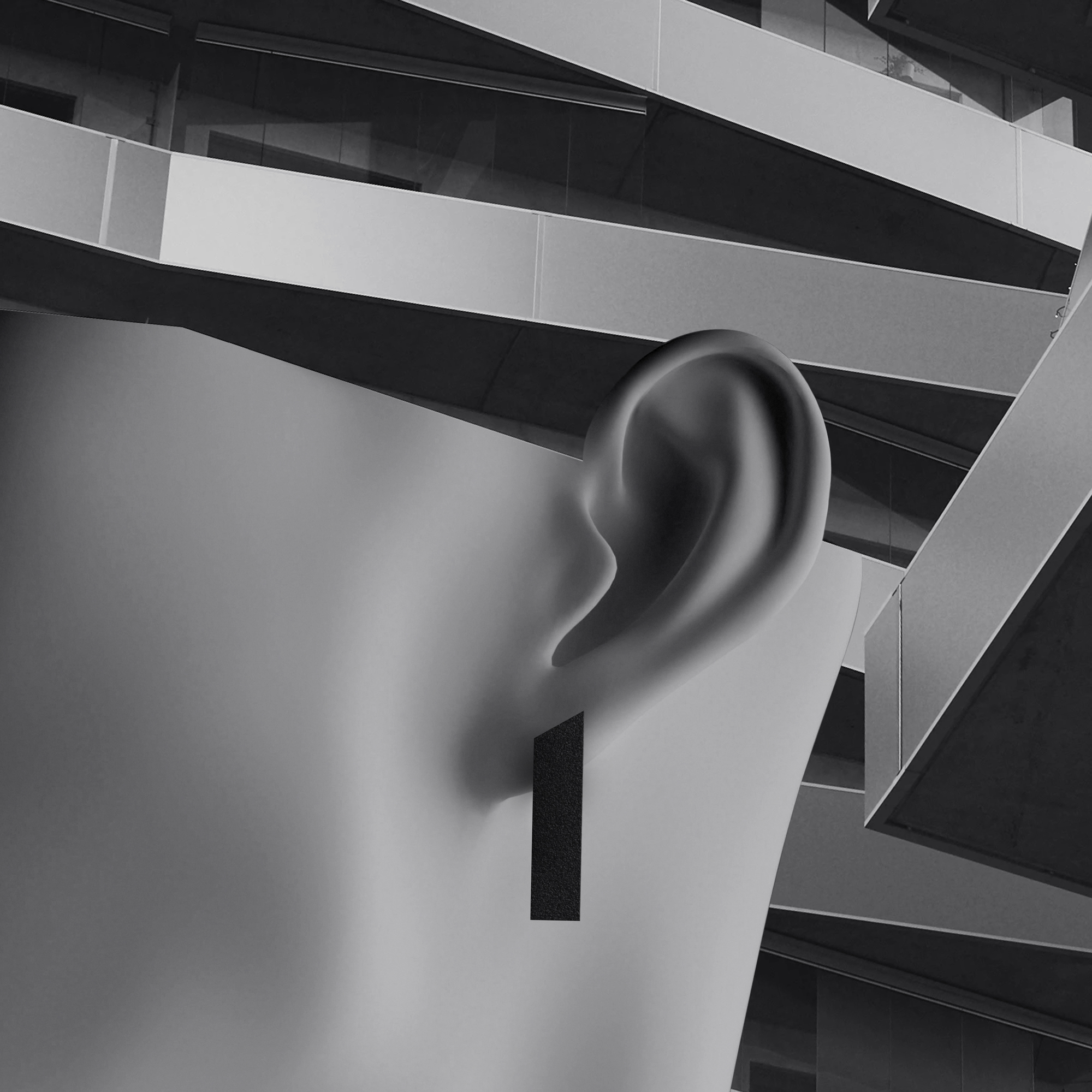 A greyscale image showing a close-up of a human ear wearing a rectangular earring, with modern, angular architectural structures in the blurred background—perfect for a curated concept store or stylish gift shop display. Gate21.ee