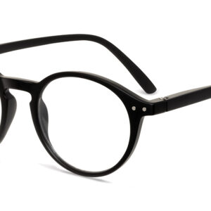FAUST - Black: Sleek round eyeglasses with clear lenses, black frame, and subtle silver accents on the corners. Displayed on a white background, this stylish accessory complements any modern concept shop. Gate21.ee