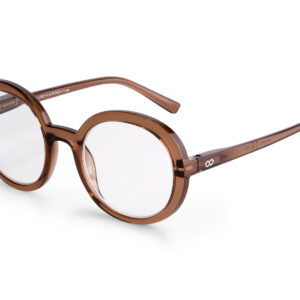 JANE - Hazel features round clear lenses in brown translucent plastic frames, embodying stylish Estonian design. Displayed on a white background, these spectacles are ideal for any modern concept shop. Gate21.ee