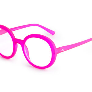 The JANE - Neon Pink features round, neon pink frames with clear lenses and subtly curved arms, inspired by Estonian design, shown on a white background. Gate21.ee