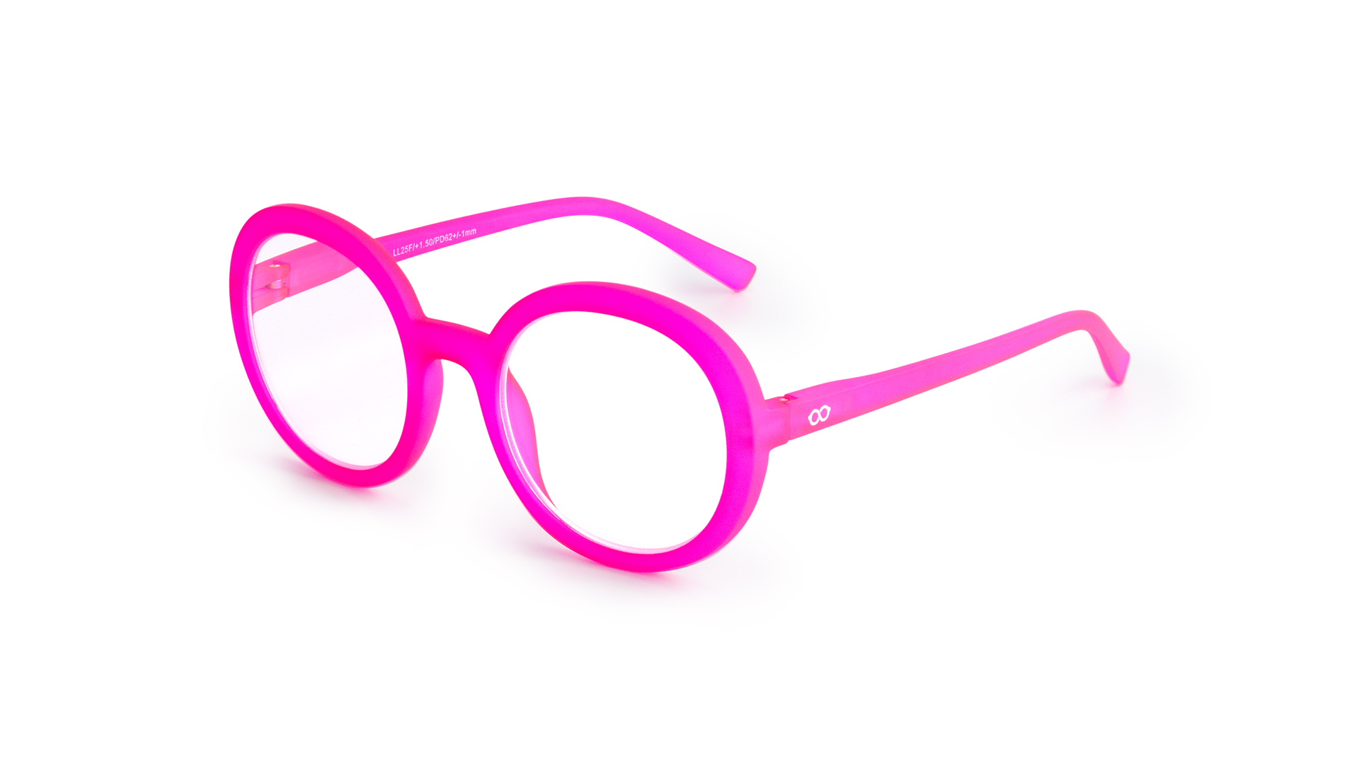 The JANE - Neon Pink features round, neon pink frames with clear lenses and subtly curved arms, inspired by Estonian design, shown on a white background. Gate21.ee
