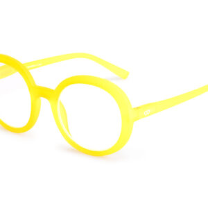 The JANE - Neon Yellow features round lenses and vibrant yellow frames, displayed on a white background—an ideal pick for gift shops seeking unique items. Gate21.ee