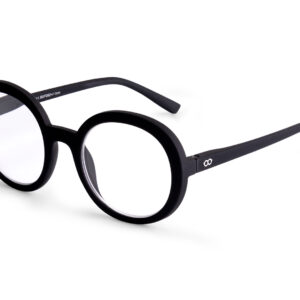 JANE - Black features black, round eyeglass frames with clear lenses and thick rims, slightly curved arms, and small silver temple accents—presented against a white background for a stylish, modern look. Gate21.ee