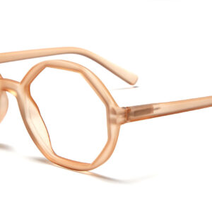 The LOLITA - Light Pink eyeglasses feature translucent, light pink round geometric frames with straight arms—perfect for a stylish look. Shown on a white background, they offer unique flair reminiscent of trendy concept stores or gift shops. Gate21.ee