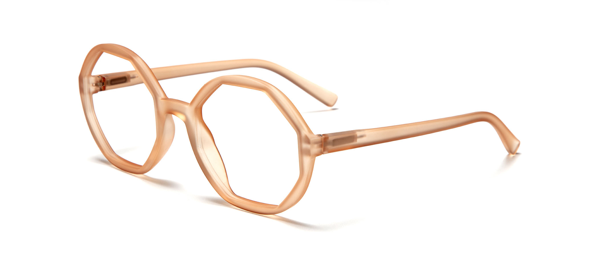 The LOLITA - Light Pink eyeglasses feature translucent, light pink round geometric frames with straight arms—perfect for a stylish look. Shown on a white background, they offer unique flair reminiscent of trendy concept stores or gift shops. Gate21.ee