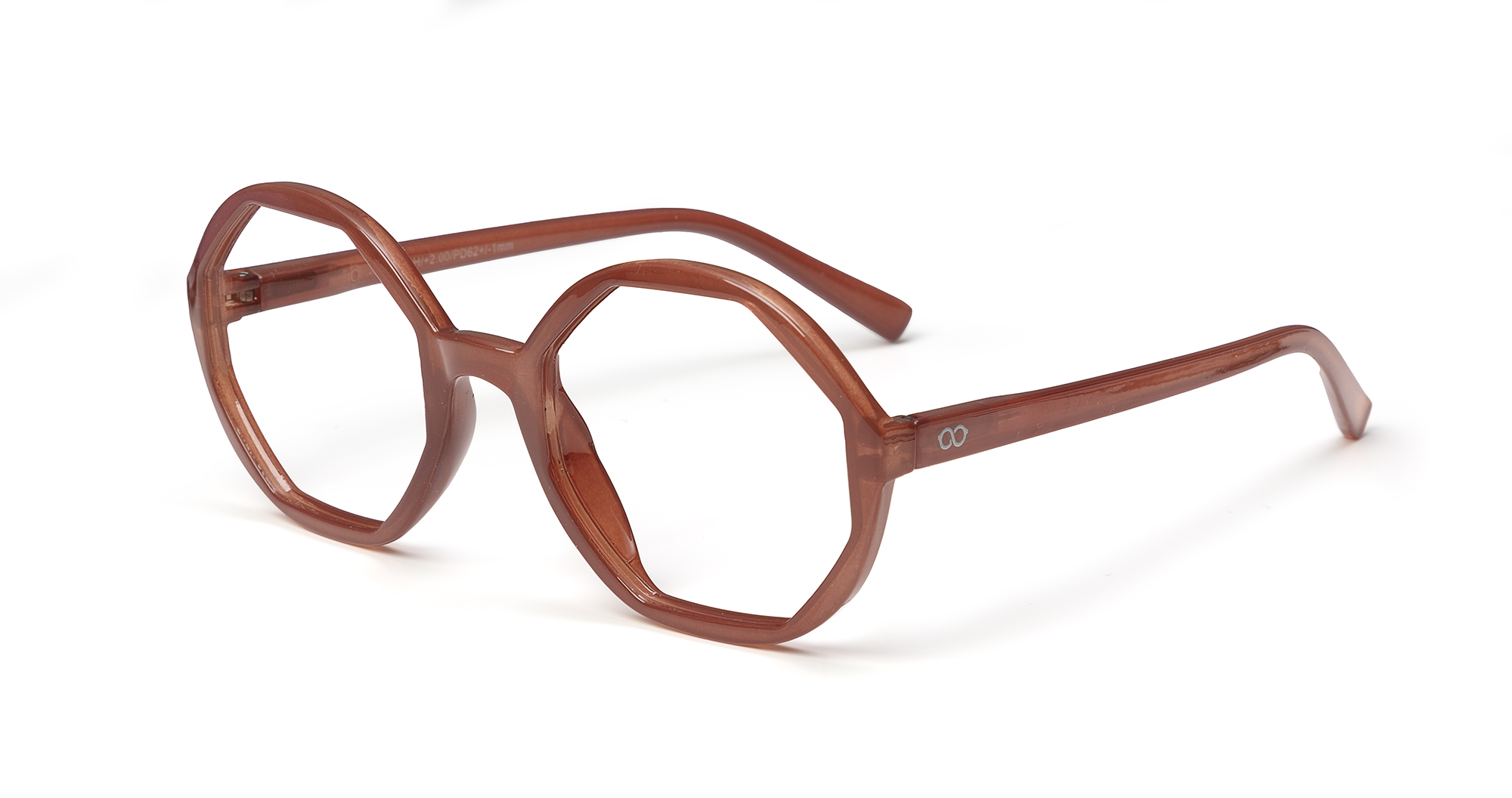 The LOLITA - Mauve eyeglasses feature translucent mauve frames with large, geometric octagonal lenses and straight arms inspired by Estonian design, shown on a white background. Gate21.ee