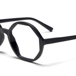 The LOLITA - Black eyeglasses feature octagonal frames and clear lenses, inspired by Estonian design, shown on a white background. Gate21.ee