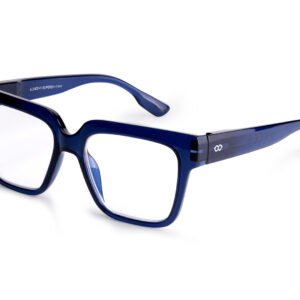 MAX - Blue Marine rectangular spectacles with thick blue frames and clear lenses, shown on a white background. The arms are adorned with a subtle silver infinity symbol near the hinges, showcasing refined Estonian design. Gate21.ee