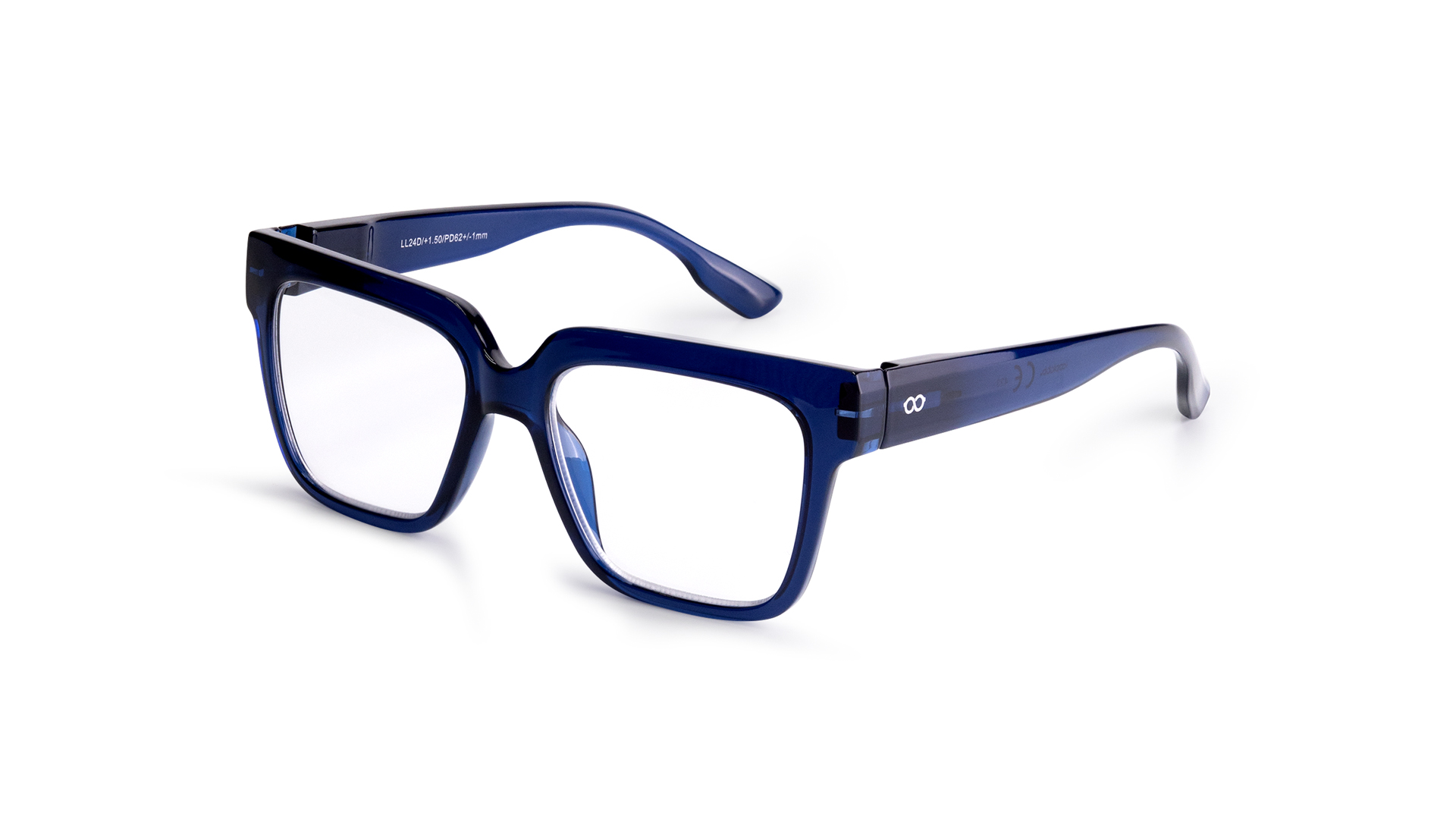 MAX - Blue Marine rectangular spectacles with thick blue frames and clear lenses, shown on a white background. The arms are adorned with a subtle silver infinity symbol near the hinges, showcasing refined Estonian design. Gate21.ee