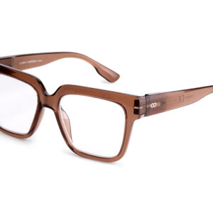 The MAX - Black features rectangular eyeglasses with a transparent brown plastic frame, wide arms, and clear lenses. Part of a curated concept shop collection in Tallinn, they are shown angled on a white background. Gate21.ee