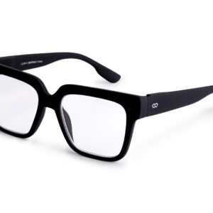 The MAX - Black spectacles feature thick black rectangular frames with clear lenses and a small infinity symbol on the left temple, highlighting modern Estonian design against a white background—ideal for stylish shoppers in Tallinn. Gate21.ee