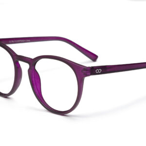The PAPILLON - Deep Purple spectacles feature round, translucent purple frames with clear lenses and a subtle infinity symbol on the left temple, reflecting curated Estonian design. Shown on a white background. Gate21.ee