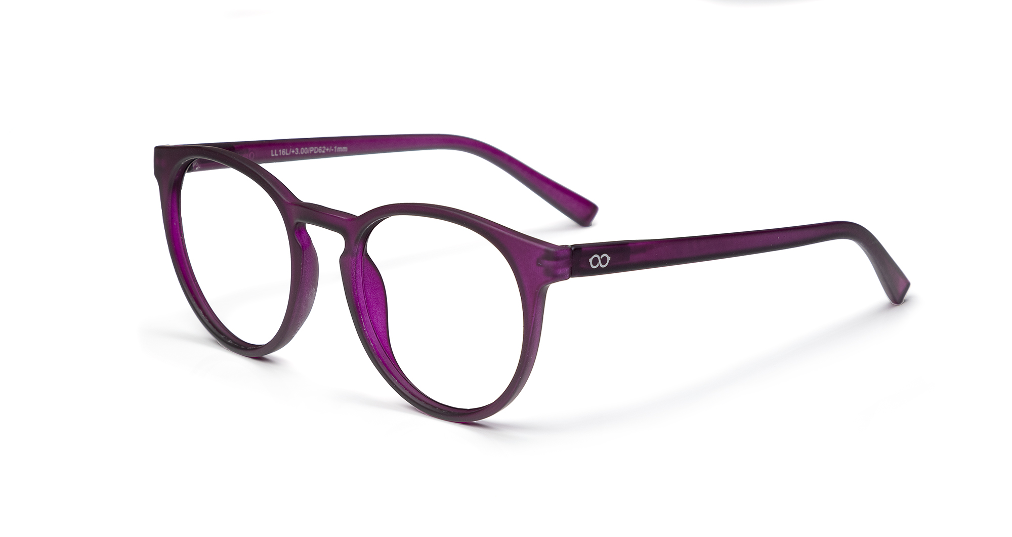 The PAPILLON - Deep Purple spectacles feature round, translucent purple frames with clear lenses and a subtle infinity symbol on the left temple, reflecting curated Estonian design. Shown on a white background. Gate21.ee