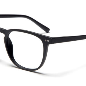 THE GEORGE - Black: Stylish black rectangular spectacles with clear lenses, displayed on a white surface at an angle highlighting the front and side—perfect for those looking for unique gifts. Gate21.ee
