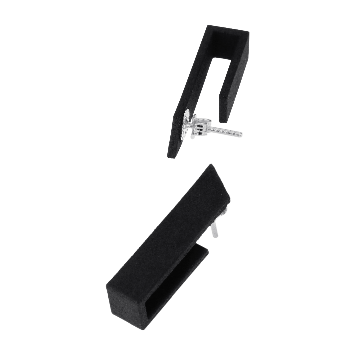 A pair of geometric black earrings with a rectangular, open-ended design, curated for a modern look. Displayed against a white background, they evoke the chic style found in Tallinn shopping and elegant gift shop selections. Gate21.ee