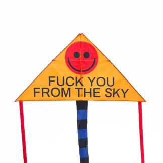 The &ldquo;FUCK YOU FROM THE SKY - Kite&rdquo; is a triangular orange kite with a red smiley face, bold black text, two red tails, and a blue-and-black striped tail&mdash;showcasing playful Estonian design for your gift shop collection. Gate21.ee