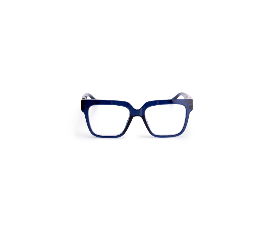 The MAX - Blue Marine spectacles feature square blue frames with clear lenses, inspired by Estonian design, displayed on a white background facing forwards. Gate21.ee