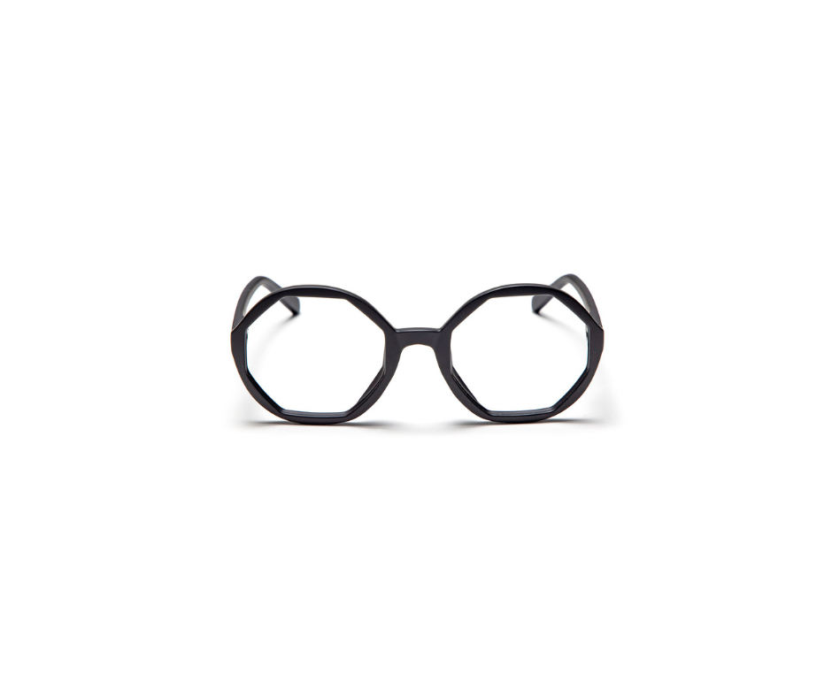 LOLITA - Black eyeglasses feature large, round, geometric frames in classic black, showcasing curated Estonian design against a white background. Gate21.ee