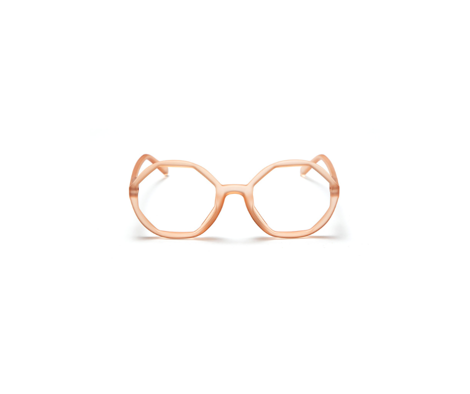 The LOLITA - Light Pink eyeglasses feature translucent frames and bold octagonal lenses, ideal for standout style seekers in Tallinn’s concept shops. Shown on a white background. Gate21.ee