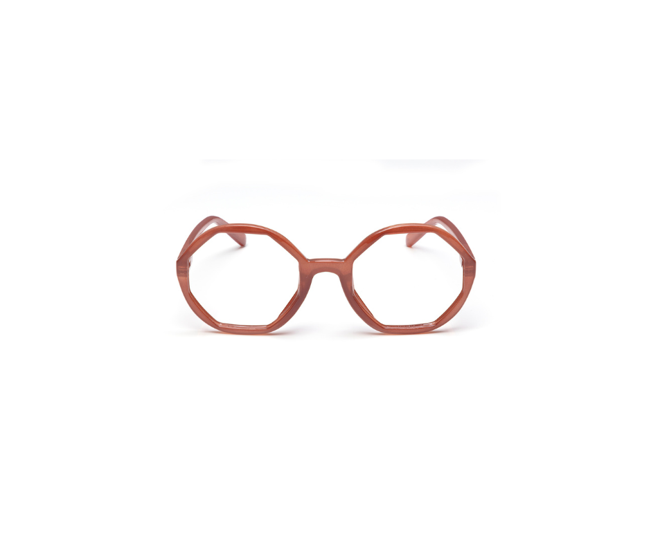 A pair of LOLITA - Mauve eyeglasses featuring thick, mauve, octagonal frames and clear lenses, set against a white background—ideal for introducing a pop of Estonian design flair to any concept store or gift shop. Gate21.ee