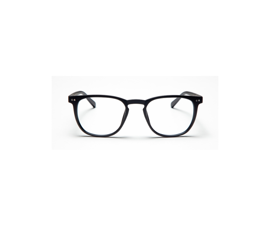 THE GEORGE - Black: Sleek rectangular spectacles with clear lenses, shown from the front on a white background—an ideal accessory to enhance your style after exploring Tallinn or browsing a local concept shop. Gate21.ee